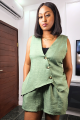 Asymmetrical Button Vest & Shorts Set-Green-XL